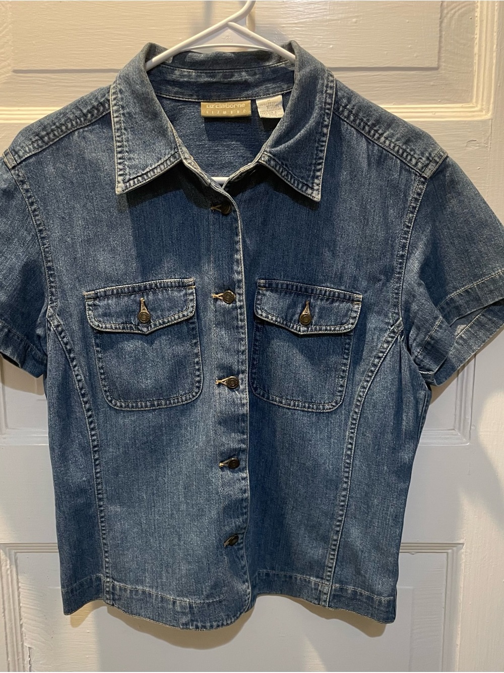 Vintage Liz Claiborne Blue Short Sleeve Cropped Denim Shirt, Medium